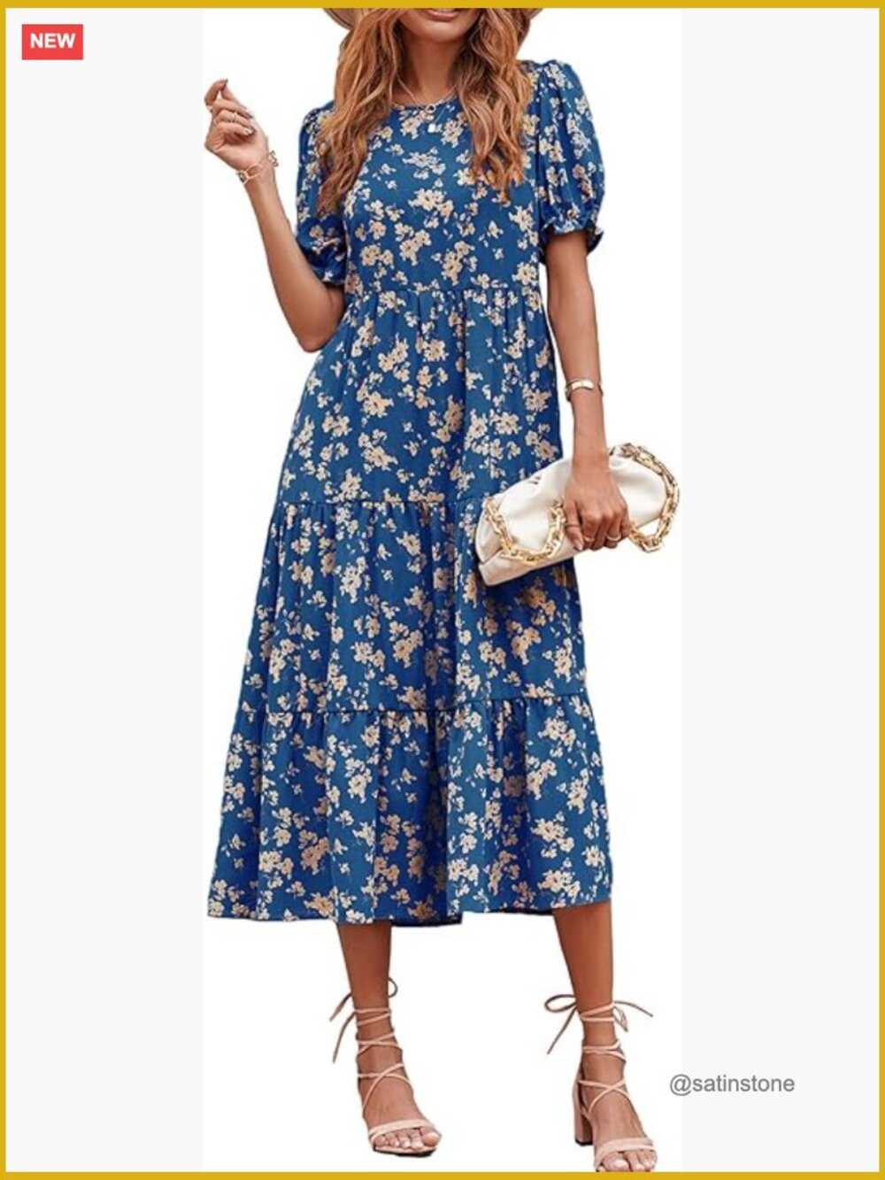 Floral Boho Midi Sun Dress Puff Short Sleeve Flowy Beach Vacation Sundress